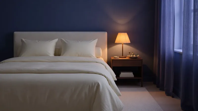A calm navy bedroom with a turned-down bed and a warm lamp glowing on the wooden nightstand