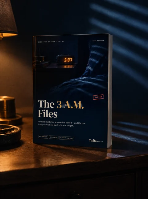 The 3 A.M. Files, the free Noddie Night book, standing on a bedside table at night beside a lit lamp.