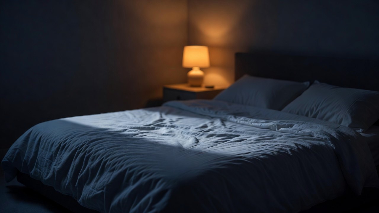 A made bed in a dark, quiet bedroom lit by one small amber lamp.