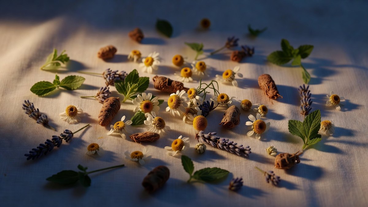 Chamomile flowers, lavender, valerian root and herb leaves on linen
