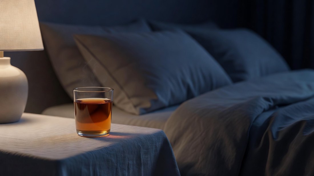 A glass of Noddie Night on a bedside table at night