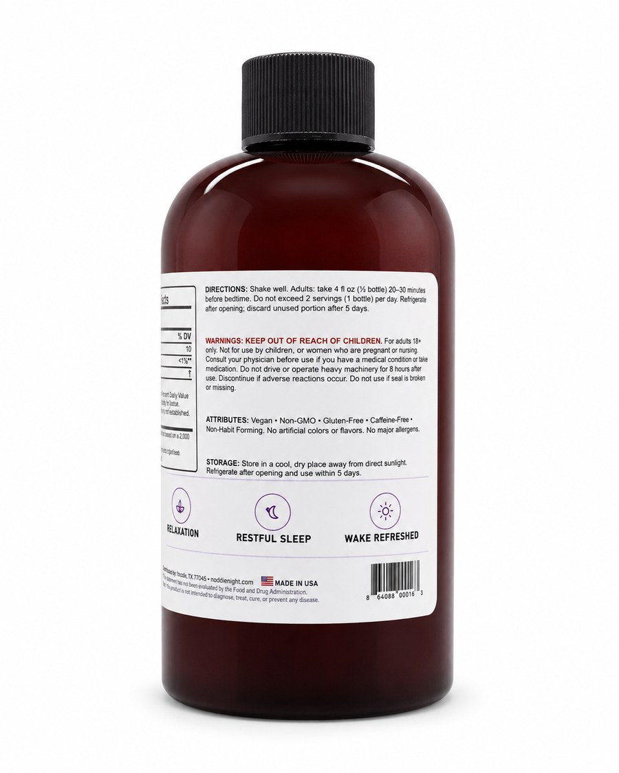 Noddie Night bottle — back label with supplement facts