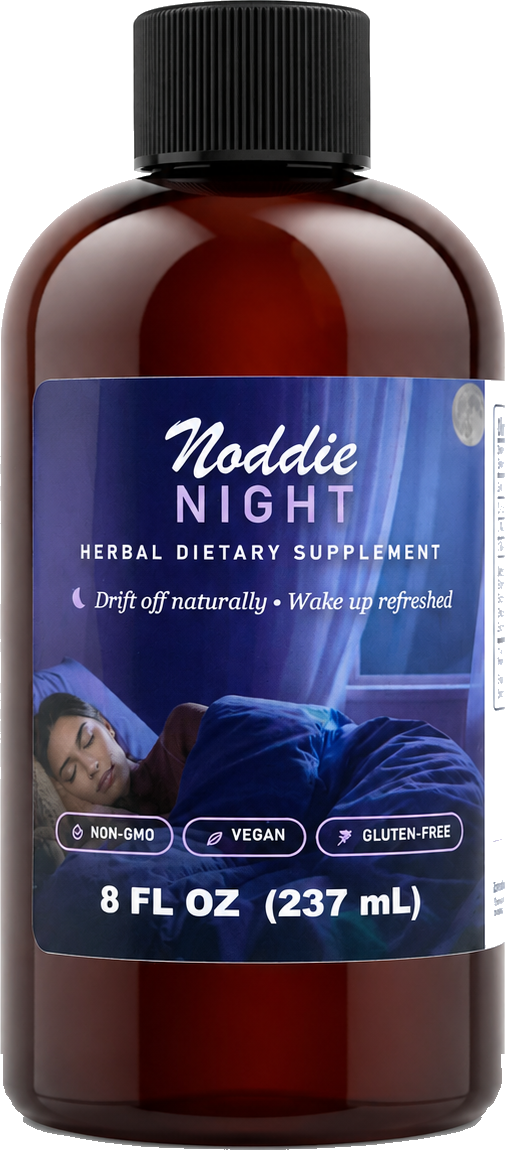 A bottle of Noddie Night herbal sleep elixir